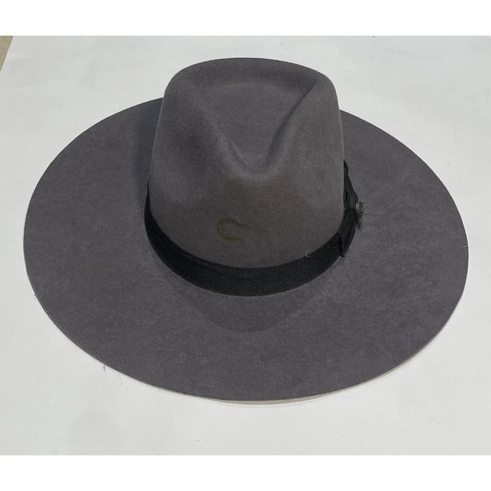 Charlie One Horse‎ Grey Felt Fedora Wide Brim Hat With Grosgrain Band - Size M